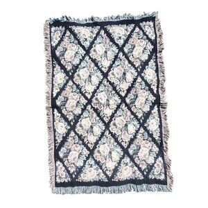 Vintage Fieldcrest Floral Woven Throw Tapestry Blanket 42x63 Black Cotton Fringe